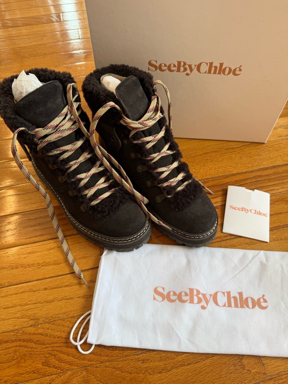 See by Chloé  Eileen Dark Brown Shearling Trim Hiking Boots